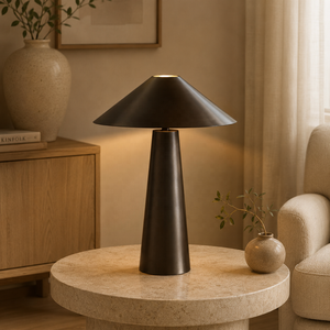 Obsidian Cone Metal Table <b>Lamp</b> with Wide Geometric Shade Premium Iron Construction Warm Ambient Lighting for Luxury Homes - Product Image 1