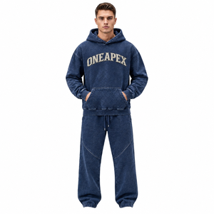 Conjunto de Sudadera con Capucha y Pantalones Deportivos para Hombre, Color Azul Marino, Lavado Ácido, con Estampado Gráfico, Algodón Grueso, Ropa Deportiva Urbana, Marca Privada Personalizada - Product Image 1