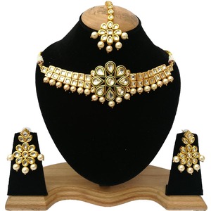 Indian Classic Women's Choker Wedding Engagement Anniversary Party Green Traditional Crystal Kundan Faux Pearl Alloy Gold <b>Gift</b> - Product Image 1