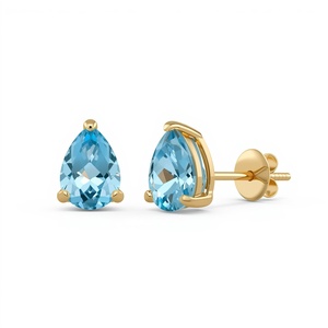 9K Solid Gold Pear Cut <b>Blue</b> <b>Topaz</b> Stud <b>Earrings</b> Fine Jewelry OEM ODM Wholesale Manufacturer Thailand - Product Image 1