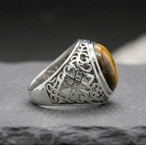 Anillo de Plata de Ley 925 para Hombre con Piedra de Ojo de Tigre Natural Redonda de 12 mm, Engaste de Bisel, Estilo Clásico para Uso Diario - Product Image 2