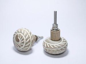 Hand-Carved Whitewashed Wood Cabinet <b>Knobs</b> | Floral Spiral Engraved <b>Furniture</b> Pulls | Decorative Mango Wood Drawer <b>Handles</b> for B - Product Image 4