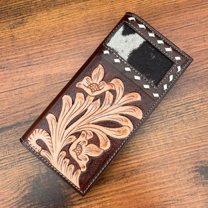 2025 fabricant à la mode Premium Design Floral usiné peau de vache en cuir véritable luxe carte porte-monnaie Long portefeuille pour hommes - Product Image 5
