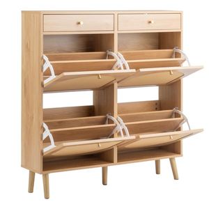 Meuble à chaussures en rotin avec 2 tiroirs et 4 compartiments rabattables 105*24*110cm en panneau de particules couleur bois naturel pour organiser votre entrée - Product Image 3