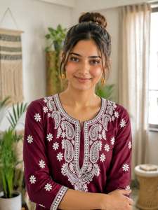 Kurti de seda crepé francés con bordado de hilo de diseño elaborado y conjunto de pantalón palazzo de seda crepé francés con bordado de hilo. - Product Image 6