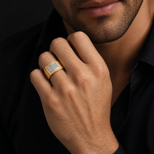 Solid 18K Gold <b>Mens</b> Diamond Double Halo Rectangular Signet <b>Ring</b> Micro Pave Cluster Geometric High Polish Statement Wedding Party - Product Image 5