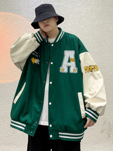 <b>Men's</b> Varsity <b>Jacket</b> Black White <b>Letter</b> A Patch Design Casual Autumn Wear Turn-down Collar Regular Fit Polyester Cotton Material - Product Image 6