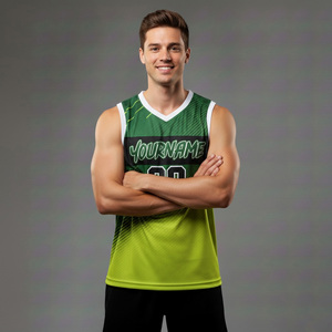 Camiseta de Baloncesto para Hombre, Más Vendida y en Tendencia, Cuello en V, Sin Mangas, Degradado Verde, Sublimada, Absorbe la Humedad - Product Image 3