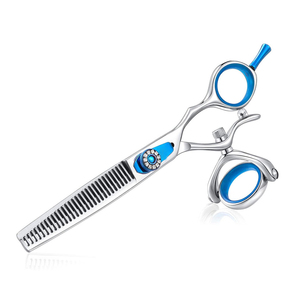 Ciseaux professionnels à effiler les cheveux en acier inoxydable avec poignées bleues et trous ronds pour les doigts, pour usage en salon - Product Image 1