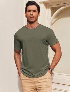 T-shirt à manches courtes pour homme, coupe slim, vert olive, col rond, couleur unie, jersey décontracté en coton - Product Image 2