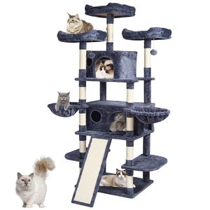 Torre per Gatti da Interno 174 cm con 2 Cuccette, Tiragraffi in Sisal, Amache, Piattaforme Superiori e Piattaforme per Salti, Struttura Robusta in Cartone - Product Image 5