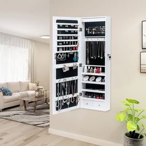 Armadietto a Specchio da Parete in Legno Bianco a 4 Ripiani con 2 Cassetti, 8 Luci LED Blu, Organizzatore per Gioielli Non Completamente a Specchio - Product Image 2