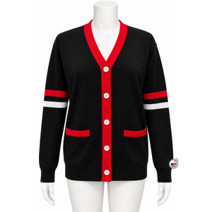 Women <b>Black</b> Red V-Neck <b>Cardigan</b> Full Sleeves Knitted Sweater Pockets Preppy Autumn Winter Wear Casual Trendy Outdoor 100% Cotton - Product Image 1