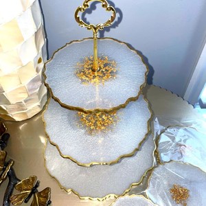 Three Tiered <b>Resin</b> Cake Stand Tray Irregular Shape Gold Trim Reusable Dishwasher Safe Hand Wash Only HASAN CRAFT - Product Image 1