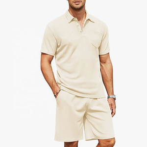Ensemble polo et short en tricot gaufré pour homme, 2 pièces, tenue d'été, survêtement décontracté avec poches, respirant, grande taille pour homme - Product Image 6