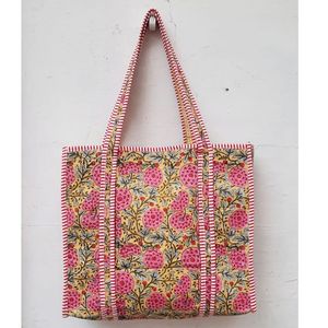 Bolso Tote de Algodón con Estampado Artesanal Bohemio, Bordado Floral, Ribete a Rayas Rosa, Parte Superior Abierta, para Todas las Estaciones, Ideal para Viajes y Compras - Product Image 1