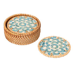 Ensemble de 4 dessous-de-verre en rotin tressé à la main avec incrustations de nacre et support, dessous-de-verre ronds en rotin pour boissons - Product Image 3