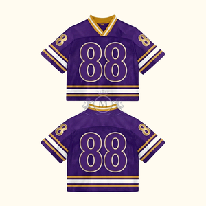 Maillot de hockey sur glace personnalisé, col en V, manches courtes, maille respirante en polyester, vêtements de sport pour hommes adultes, numéro 88, design violet et or - Product Image 2