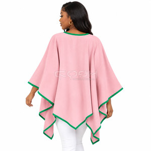 Cosh International Sorority Sisterhood Pink <b>Poncho</b> With Green Trim Batwing Sleeve V-Neck Belt Closure Casual Long Sweater - Product Image 4