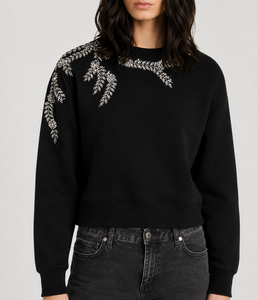 เสื้อสเวตเชิ้ตผู้หญิงสีดำประดับคริสตัล คอวี แขนยาว แฟชั่นลำลอง - Product Image 1