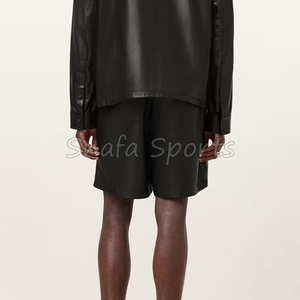 กางเกงขาสั้นหนังผูกเชือกเอวสูงสำหรับผู้ชาย กางเกงขาสั้นหนัง PU แฟชั่น กางเกงขาสั้นหนังแท้สำหรับผู้ชายสไตล์นักขี่มอเตอร์ไซค์ - Product Image 2