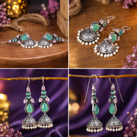ARTS JEWELS ER-012 Boucles d'oreilles Jhumka en laiton plaqué argent antique avec pierre œil-de-chat pour femme |   Pendentif en pierre précieuse verte et rose |   Mariage bohème indien