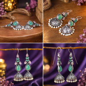 Oxidized <b>Silver</b>-Plated Cat Eye Stone Jhumka <b>Earring</b> for Women | Green Pink Gemstone <b>Dangle</b> <b>Earrings</b> | Indian Ethnic Boho Jewelry - Product Image 2