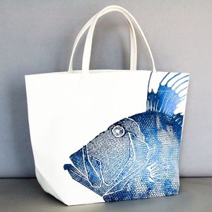 Deep Sea <b>Blue</b> Fish <b>Canvas</b> Tote Bag With Embroidery Summer Beach Style Bohemian Design Water Resistant Open Top - Product Image 2