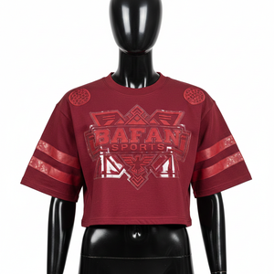 เสื้อครอปท็อปผู้หญิงผ้าคอตตอนเจอร์ซีย์ แขนเสื้อลายทาง แผ่นปะไหล่  โลโก้แบบสั่งทำ เสื้อครอปท็อปผู้หญิงผ้าฝ้าย - Product Image 1