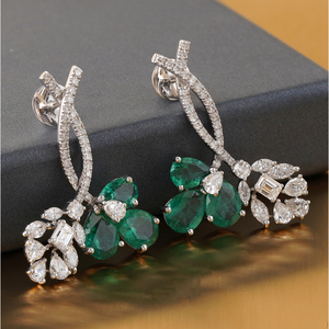 14K White Gold Fine <b>Dangle</b> <b>Earrings</b> 6.39 CT Green Pear Emerald Lab Grown <b>Diamond</b> Floral Drop Elegant Design - Product Image 3