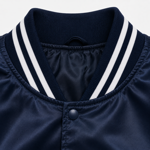 Navy Satin Varsity Jacket Men Embroidered Logo Front Preppy Style Autumn Regular Fit Turn-down Collar - Product Image 3