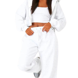 Womens Solid Cropped <b>Full</b> <b>Zip</b> <b>Hoodie</b> Wide Leg Trousers Tracksuit Set Casual Fleece Two Piece Lounge Outfit Elastic Waist - Product Image 5