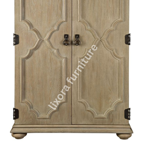 Luxury Handcrafted Solid Wood 2 Door <b>Wardrobe</b> Geometric Quatrefoil Carving Natural Oak Armoire - Product Image 4