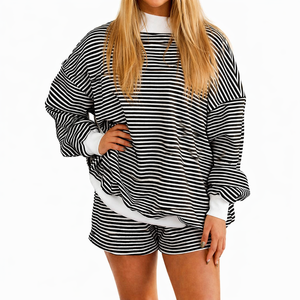Blue Striped Oversized <b>Mock</b> <b>Neck</b> Sweatshirt Casual Long Sleeve Pullover Women Streetwear Cotton Fleece Wholesale Apparel - Product Image 4