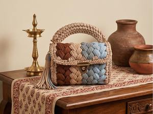 Earth Tones and Blue Braided Handmade Ethnic Stylish Pearl Two Straps Purse Boho <b>Shoulder</b> <b>Bag</b> Cotton Cord Weaving Super Price - Product Image 5