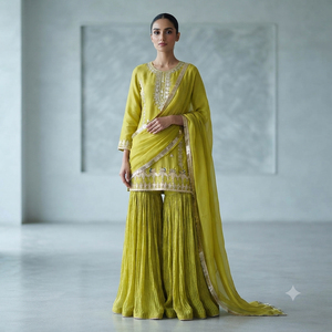 Robe Mehndi pour femmes avec broderie traditionnelle, tenue de fête élégante, tissu luxueux et magnifique design pour célébration de mariage - Product Image 2