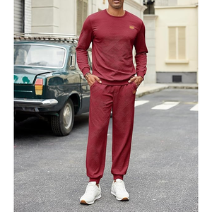 Men's <b>Red</b> Knitted Tracksuit Set Crew Neck Solid Color Casual Wear Breathable Autumn Season Spandex Cotton <b>Material</b> - Product Image 1