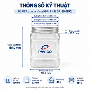 990ml Square Clear PET <b>Plastic</b> <b>Jar</b> with 89mm Wide Mouth Screw Cap for Dry Food Storage Packaging Manufacturer in Vietnam - Product Image 4