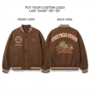 Blouson Bomber Femme 320 GSM en Coton Sergé Premium Marron Broderie Personnalisée Applique Chenille Impression Sérigraphique OEM ODM Marque Privée - Product Image 1