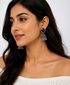 Ruby Red Oxidized <b>Silver</b> Brass Zinc Alloy Imitation Pearl Trendy Drop <b>Earrings</b> Women | Traditional Indian Party Jewelry - Product Image 2