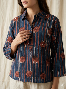 Blusa Étnica de Algodón para Mujer, con Rayas y Bordado Floral, Manga Tres Cuartos, Estilo Informal de India y Pakistán, Corte Regular - Product Image 2