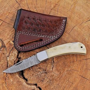 UA Supplies Industrial Grade Damascus Steel Back <b>Lock</b> Hunting Folding Knife 0.5mm Thick Camel Bone Handle Drop Point Razor Sharp - Product Image 1