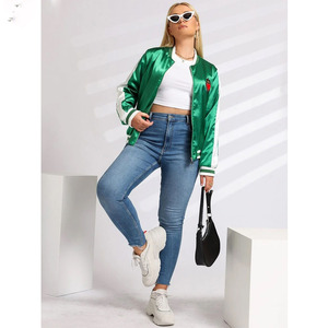 OEM Design Printed Satin <b>Women's</b> Cropped <b>Varsity</b> <b>Bomber</b> <b>Jacket</b> with Cotton Lining Breathable & Eco-Friendly - Product Image 1
