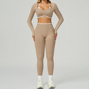 Nuevo Conjunto de Yoga de Dos Piezas para Mujer, Otoño-Invierno, de un Solo Hombro, Ajustado, Manga Larga, Color Sólido, Antibacteriano, con Pantalones Anchos Ligeramente Acampanados - Product Image 1