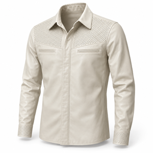 Chemise en cuir ivoire pour homme, manches longues, col rabattu, jugulaire et poignets perforés, double poches poitrine, style décontracté moderne - Product Image 1