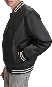 <b>Men's</b> Black Varsity <b>Jacket</b> With <b>White</b> Stripe Collar And Cuffs Regular Fit Casual Style Polyester Material Autumn Wear - Product Image 3