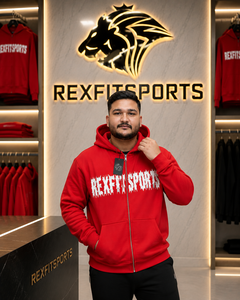 REXFITSPORTS 2026 Sudadera con capucha y cremallera completa personalizada con gráfico rojo, unisex, de forro polar, estilo urbano, con estampado frontal grande, privado - Product Image 6