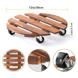 Support de plantes rond en bois avec roulettes verrouillables, support de plantes roulant robuste pour pots de fleurs d'intérieur et d'extérieur, bois rustique - Product Image 6