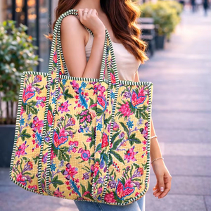 Bolso Tote Grande Hecho a Mano, Estilo Vintage, Acolchado, de Algodón Indio, Lavable, con Diseño Impreso, para Uso Diario de Mujeres - Product Image 1