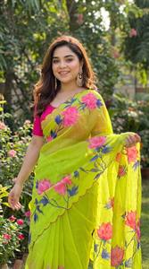 KUNJ CREATION Saree indien style Gujarati Gram Blooming avec broderie, bordure en dentelle à sequins et pièce de chemisier, pour tenue de soirée - Product Image 3